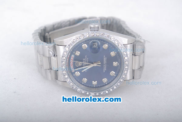 Rolex Day-Date Oyster Perpetual Automatic Diamond Bezel with Blue Dial and Diamond Marking-Small Calendar - Click Image to Close